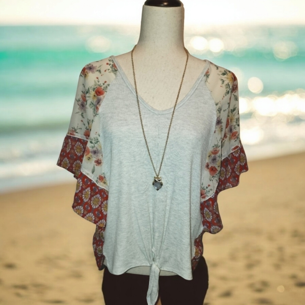Hummingbird Floral and Gray Blouse